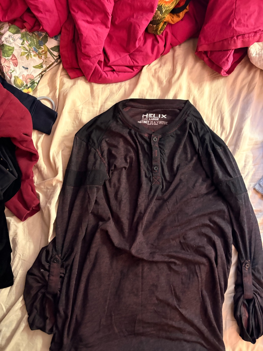Helix Black Long Sleeve Henley with Subtle Maroon Trim